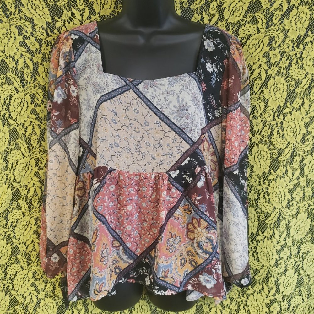 AE Tie Back Patchwork Boho Square Neck Peasant Boho Babydoll Top